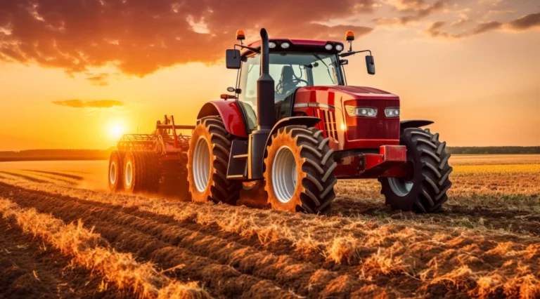 tracteur rouge au coucher du soleil